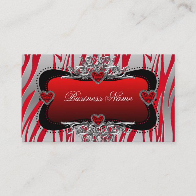 Red Black Silver Diamond Hearts Zebra Business Business Card (Front)