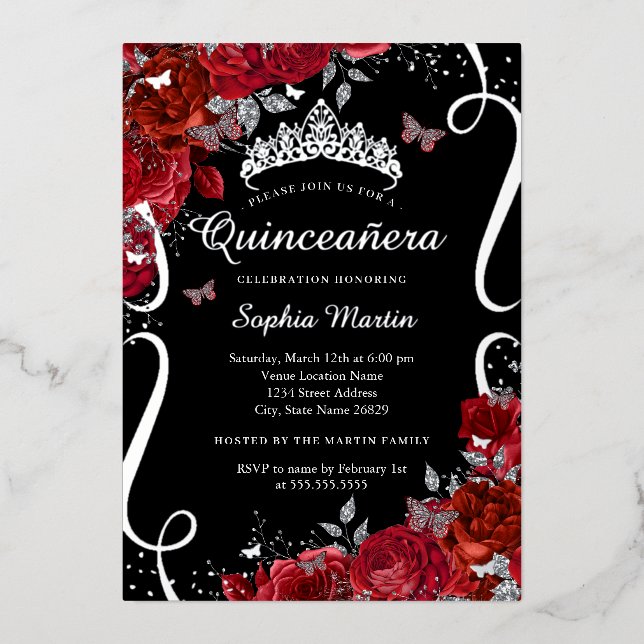 Red Black Silver Floral Butterfly Quinceanera  Foil Invitation (Front)