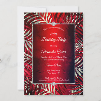 Red Black Silver Gray Palm Diamond Birthday Party Invitation