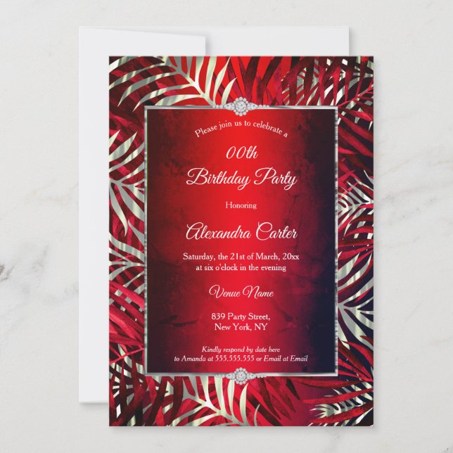 Red Black Silver Gray Palm Diamond Birthday Party Invitation (Front)
