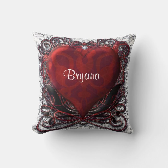 Red Black Silver  Heart Valentine Love Throw Pillow (Front)