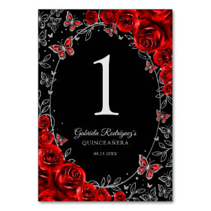 Red Black Silver Quinceanera Table Number