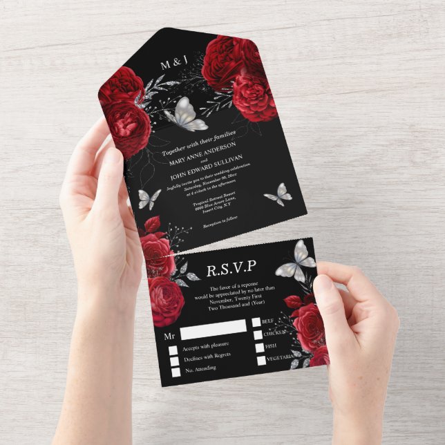 Red black silver rose elegant butterfly glam all in one invitation (Tearaway)