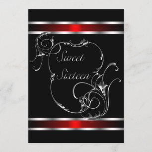 Red Black Silver Swirl Elegant Sweet Sixteen Invitation