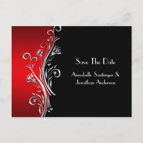 Red Black Silver Swirls Save The Date Announcement Postcard