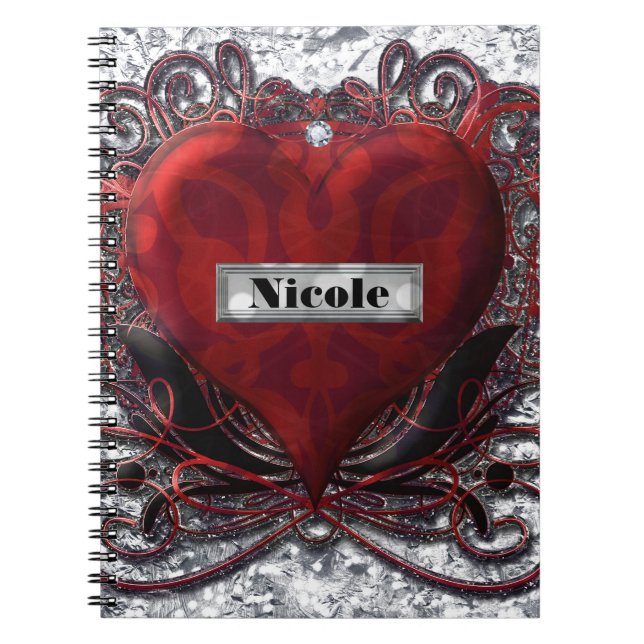Red Black Silver Valentine Heart Gothic Romance Notebook (Front)