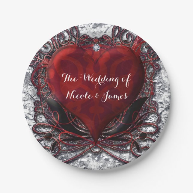 Red Black Silver Valentine Heart Party Paper Plates (Front)