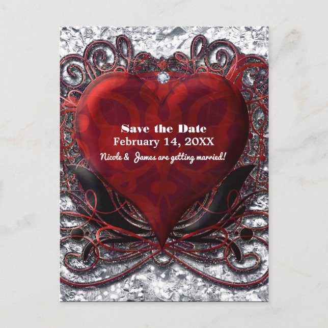 Red Black Silver Valentine Heart Save the Date Announcement Postcard (Front)