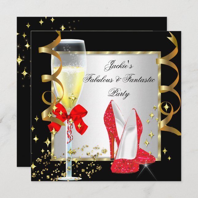 RED Black Silver Women's Birthday Party Invitation (Front/Back)