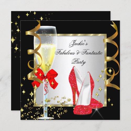 RED Black Silver Womens Birthday Party Invitation