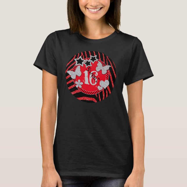 Red Black Silver Zebra Glitter Sweet 16 T-Shirt (Front)