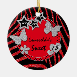 Red Black Silver Zebra Sweet 15 Photo Ornament