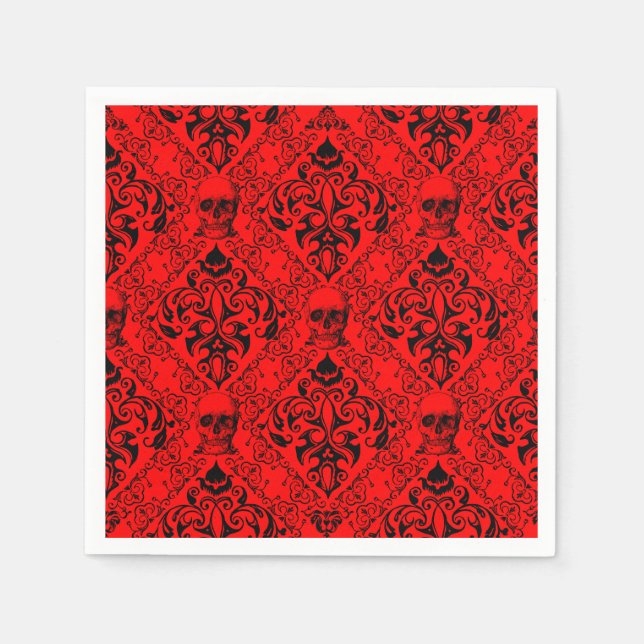 Red Black Skull Damask Halloween Dark Goth Pattern Napkins (Front)