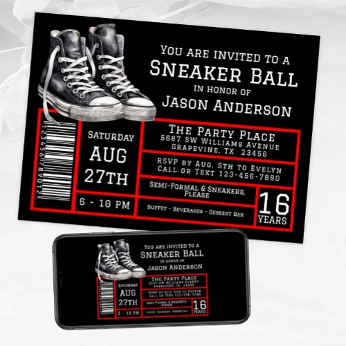 Red Black Sneaker Ball Birthday Party  Invitation