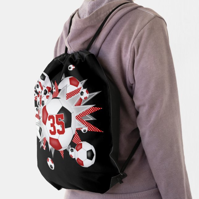 Red black soccer ball blowout girls jersey number drawstring bag (Insitu)
