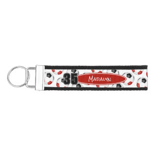 red black soccer balls athlete name wrist keychain