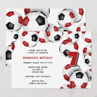 red black soccer balls kids birthday party invitation