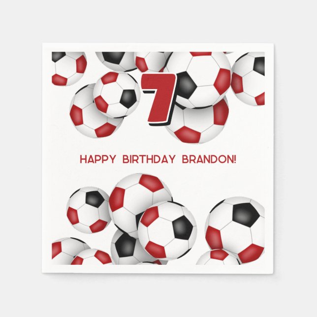 red black soccer balls kids birthday party napkins (Front)