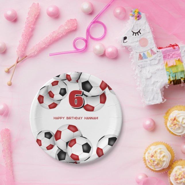 red black soccer balls kids birthday party paper plates (Party)