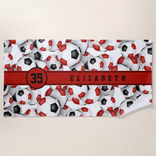 Red black soccer balls pattern team spirit beach towel