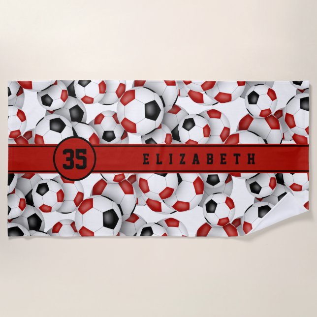 Red black soccer balls pattern team spirit  beach towel (Front)