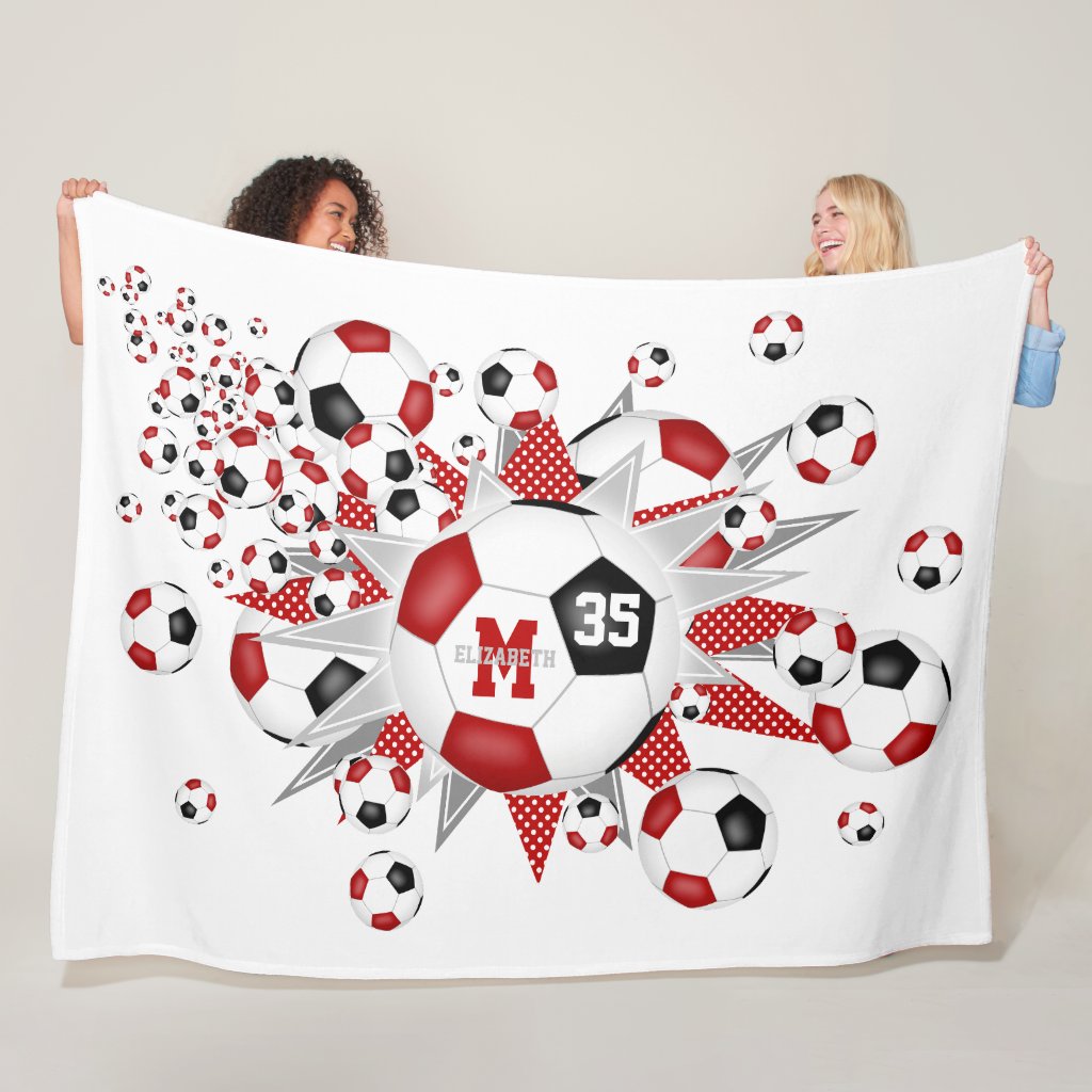 red black soccer balls stars girls name fleece blanket