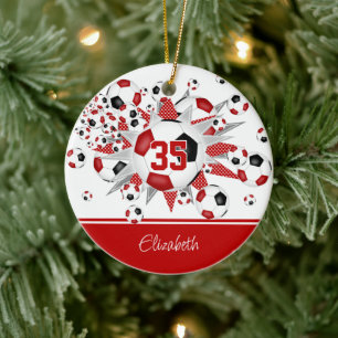 Red black soccer balls stars keepsake  ceramic ornament