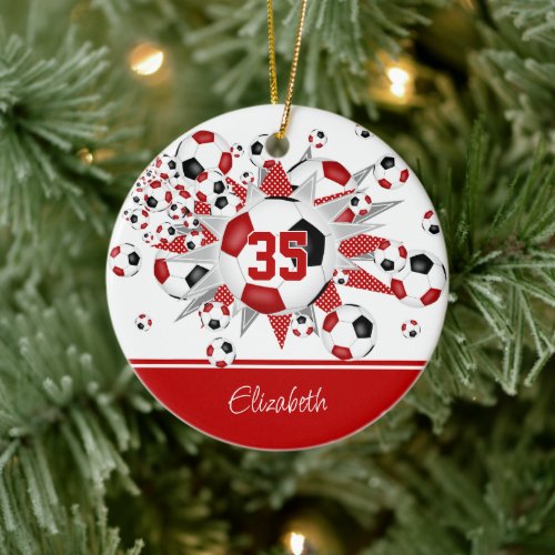 Red black soccer balls stars keepsake  ceramic ornament