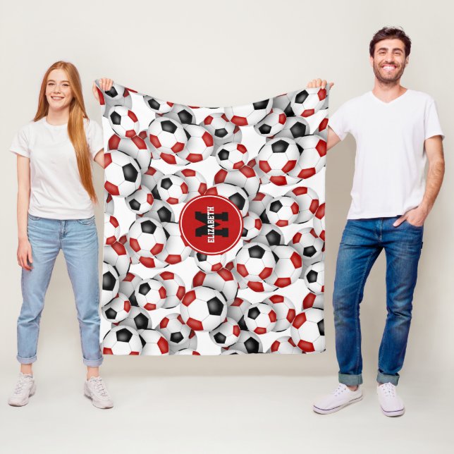 red black soccer balls team colors monogrammed fleece blanket (In Situ)