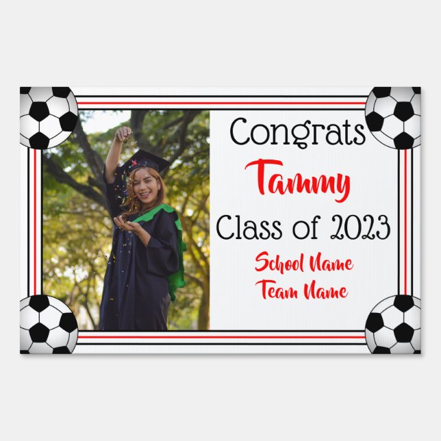 Red & Black Soccer One Photo Graduation Sign (Back)