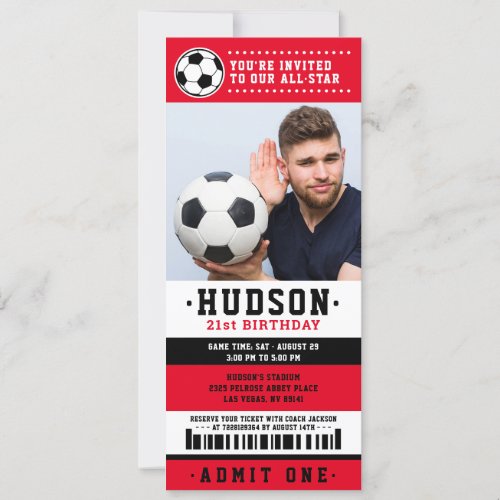 Red Black Soccer Ticket Birthday Party Photo Invitation