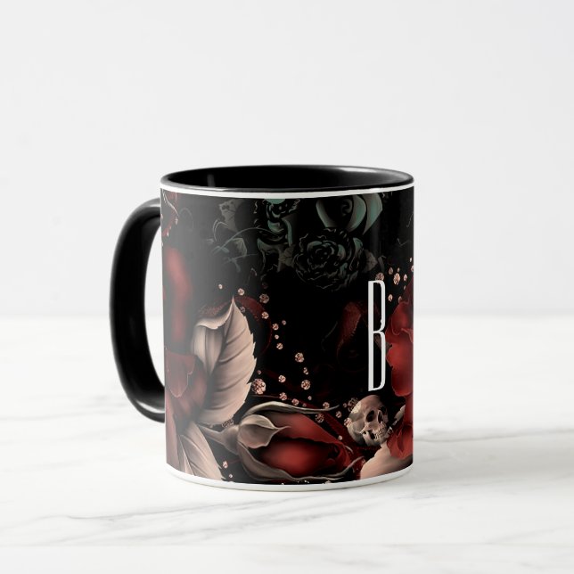 Red Black Sparkle Roses & Skull Personalized Mug (Front Left)
