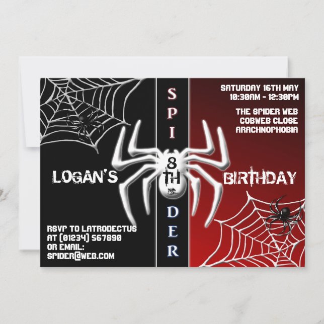 Red & Black Spider Birthday Invitations (Front)