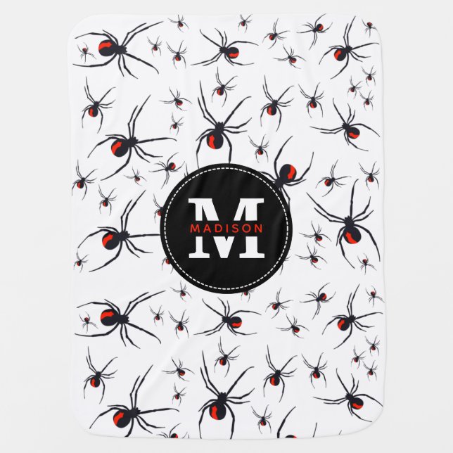 Red & Black Spider Pattern Monogrammed Baby Blanket (Front)