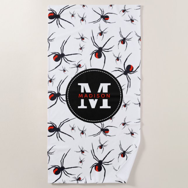 Red & Black Spider Pattern Monogrammed  Beach Towel (Front)
