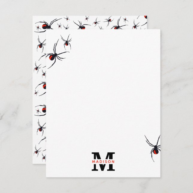 Red & Black Spider Pattern Monogrammed  Note Card (Front/Back)