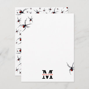 Red & Black Spider Pattern Monogrammed  Note Card