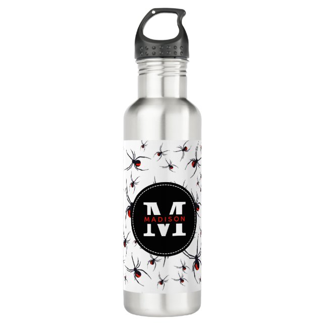 Red & Black Spider Pattern Monogrammed   Stainless Steel Water Bottle (Front)