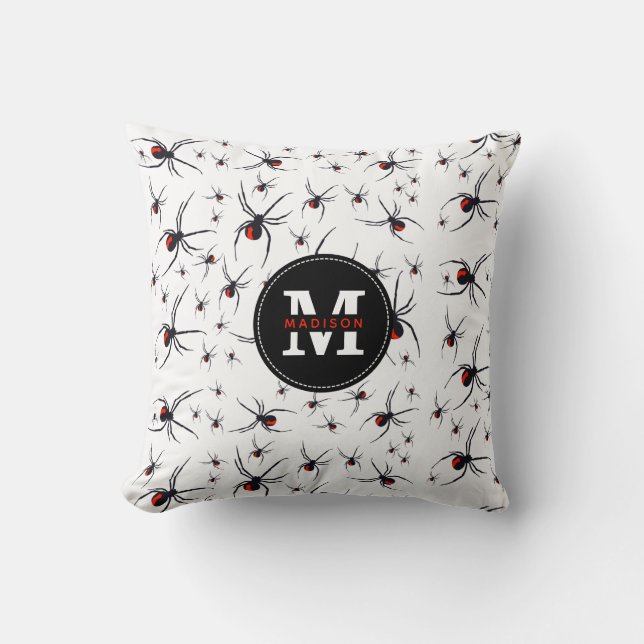 Red & Black Spider Pattern Monogrammed Throw Pillow (Front)