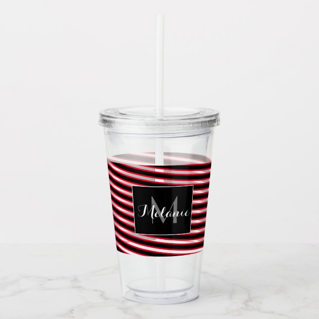 Red Black Spiral Ribbon Stripes Monogram Custom Acrylic Tumbler (Front)