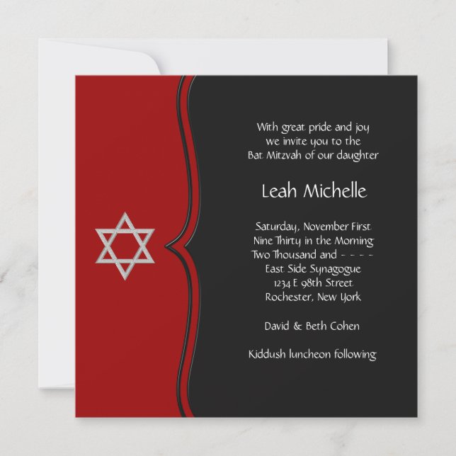 Red Black Star of David Bat Mitzvah Invitation (Front)