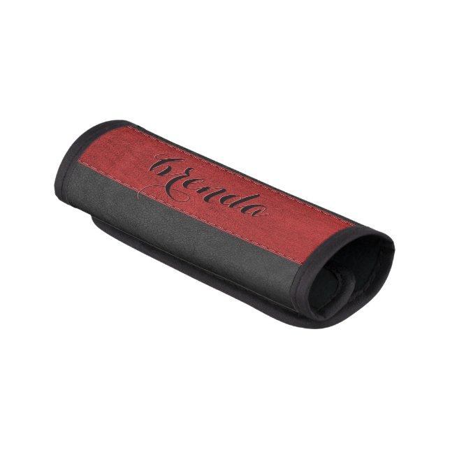 Red & Black Stitched Leather Design Monogram Luggage Handle Wrap (Angled)