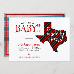 Red/Black Striped Made in Texas Photo Baby Announcement