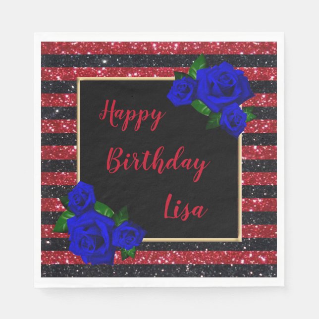Red Black Stripes Glitter Deep Blue Roses Birthday Napkins (Front)
