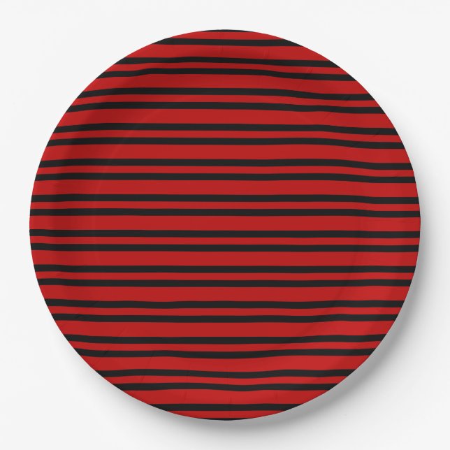 Red Black Stripes Pattern Paper Plates (Front)