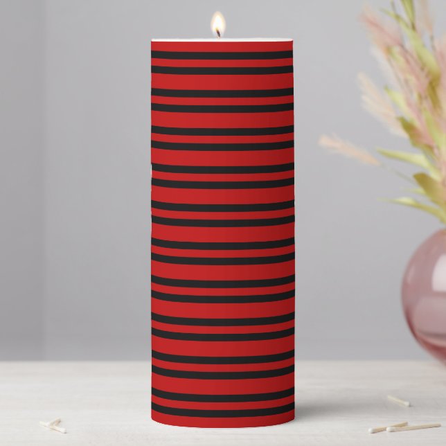 Red Black Stripes Pattern Pillar Candle (In Situ)