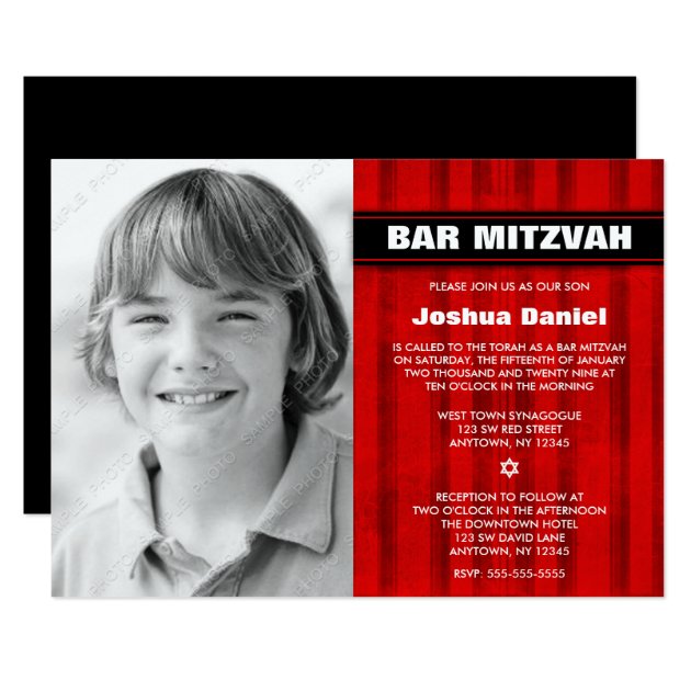 Red Black Stripes Photo Bar Mitzvah Invitations