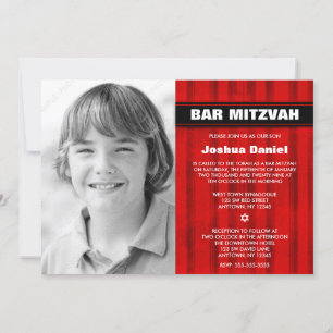Red Black Stripes Photo Bar Mitzvah Invitations