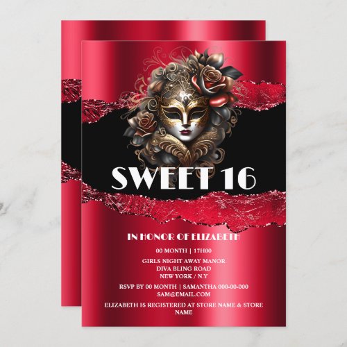 Red black sweet 16 girls masquerade mask 3D glam Invitation