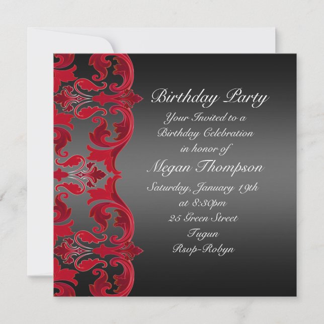 Red/Black Swirl Damask Birthday Invitation (Front)